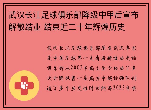 武汉长江足球俱乐部降级中甲后宣布解散结业 结束近二十年辉煌历史