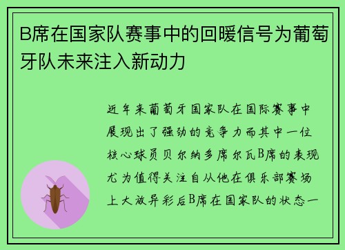 B席在国家队赛事中的回暖信号为葡萄牙队未来注入新动力