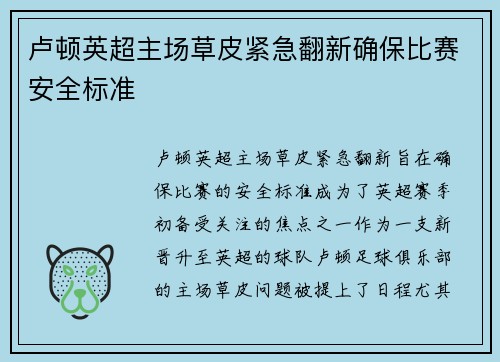 卢顿英超主场草皮紧急翻新确保比赛安全标准