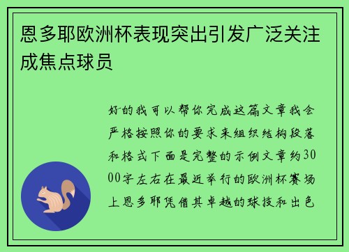 恩多耶欧洲杯表现突出引发广泛关注成焦点球员